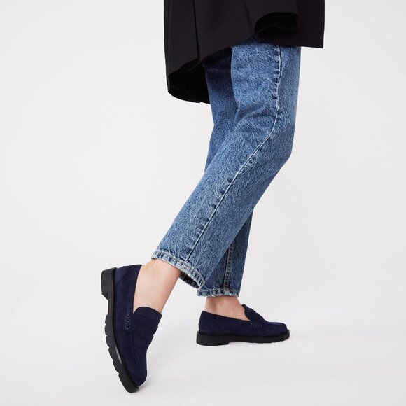 Anne Klein Womens Navy Rubber Low Chunky Heel Rounded Toe Emmylou Loafer Flat - Picture 8 of 9